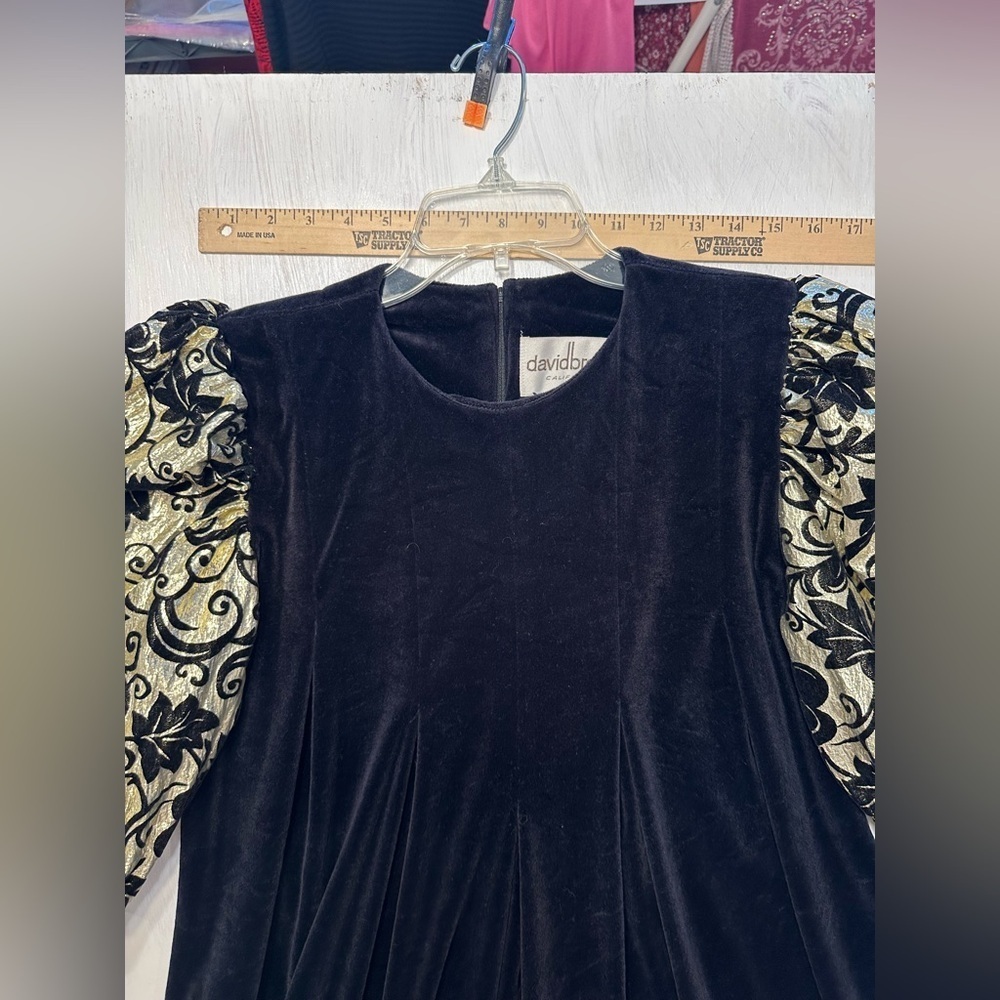 Vintage 80s David Brown Black Velvet Gold Puff Sleeve Evening Dress M - Picture 9 of 12